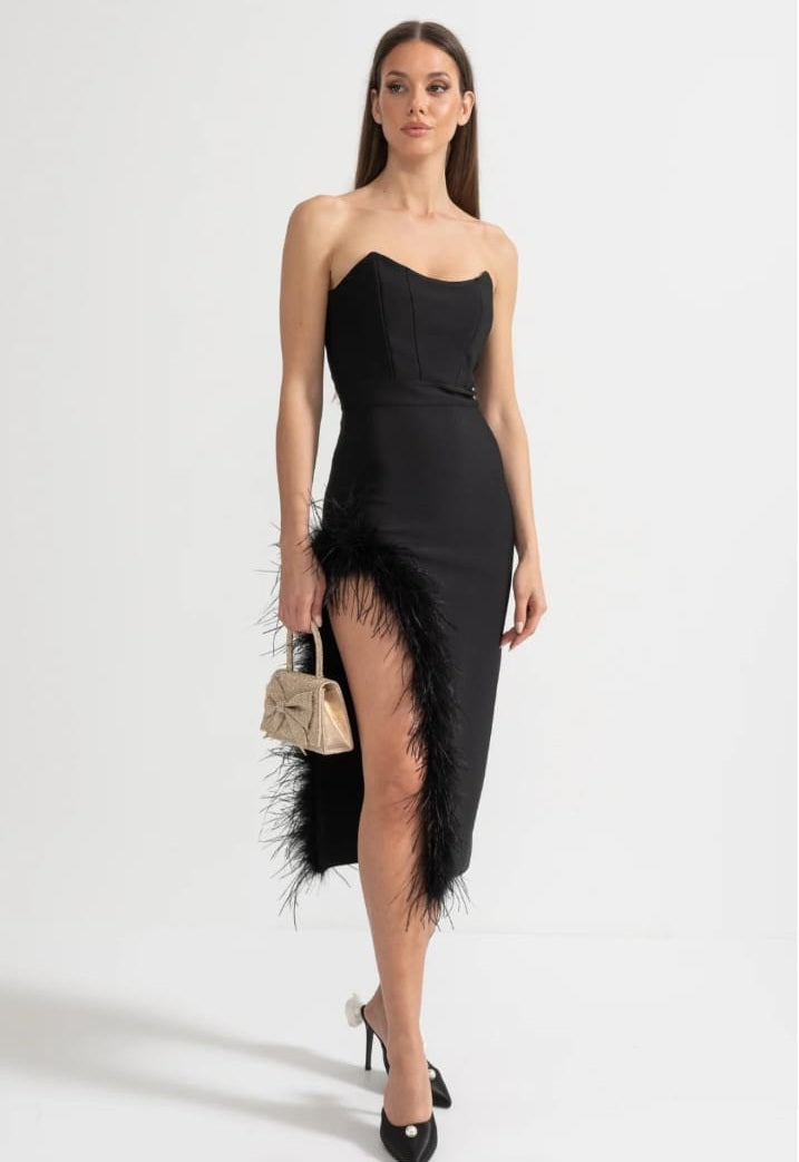 Strapless Feather-Trimmed Dress With Fitted Bodice And Asymmetrical Hemline - Black