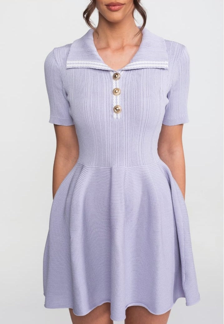 Ribbed Knit Mini Dress With Open Polo Collar And Jewel Buttons - Lilac
