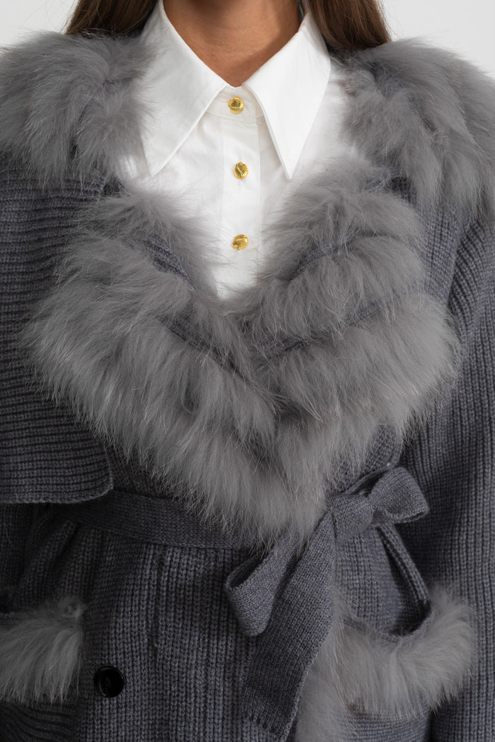 Double-Breasted Wool Knit Overcoat With Fur Trim – Grey