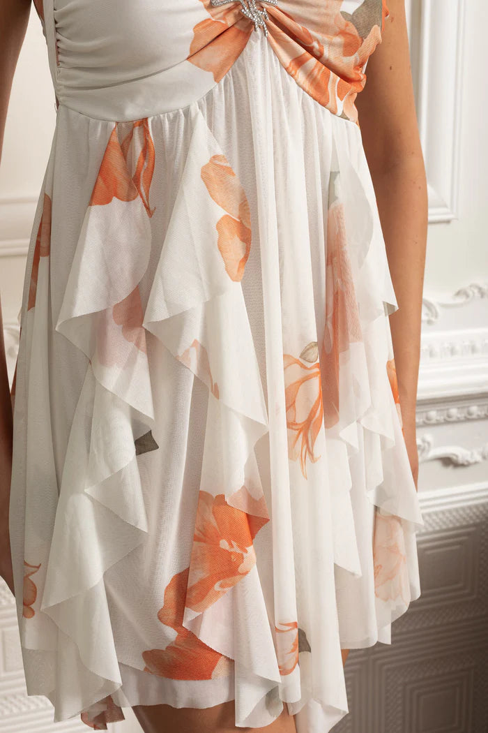 Ruffled Halterneck Mini Dress With Starfish Brooch Detail - White/Orange