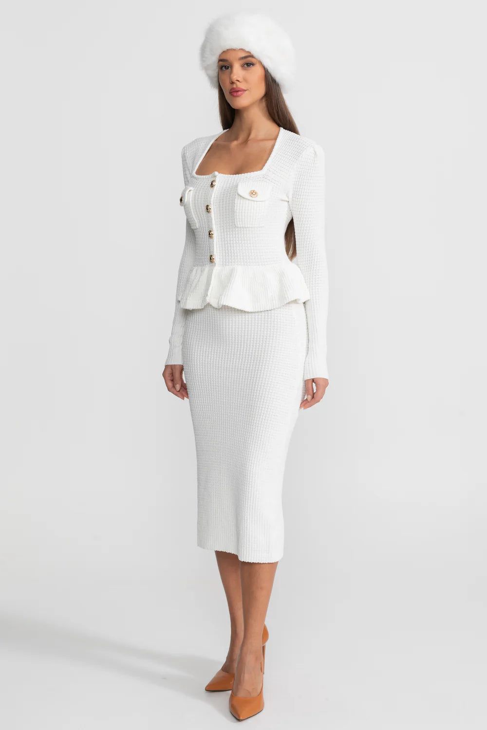 Textured Knit Dress with Peplum Waist and Gold Buttons - White