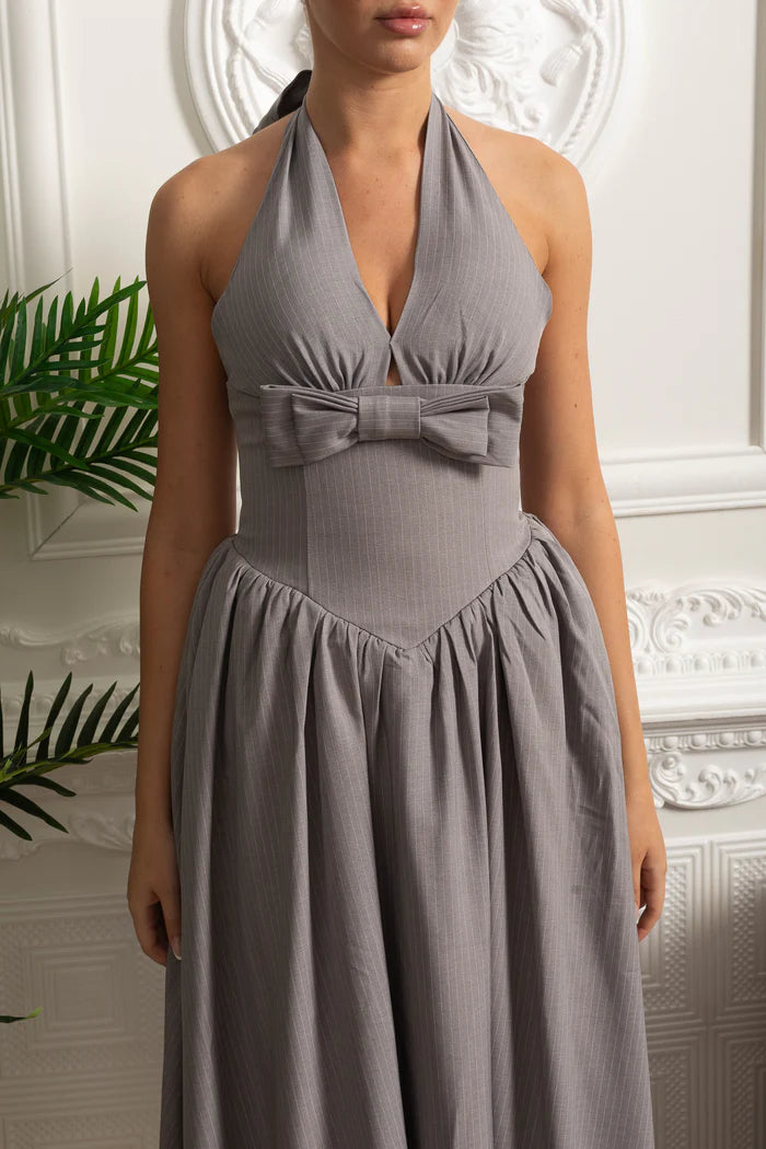 Halterneck Midi Dress With Bow Detail And Gathered Skirt - Gray