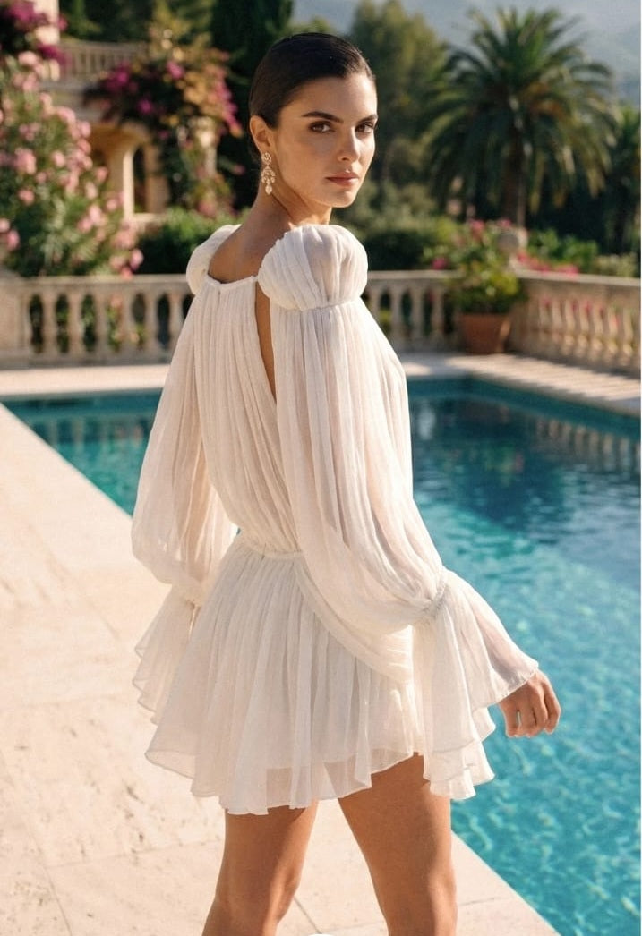Flowy, sheer short dress with cape sleeves and gold clip detail - White