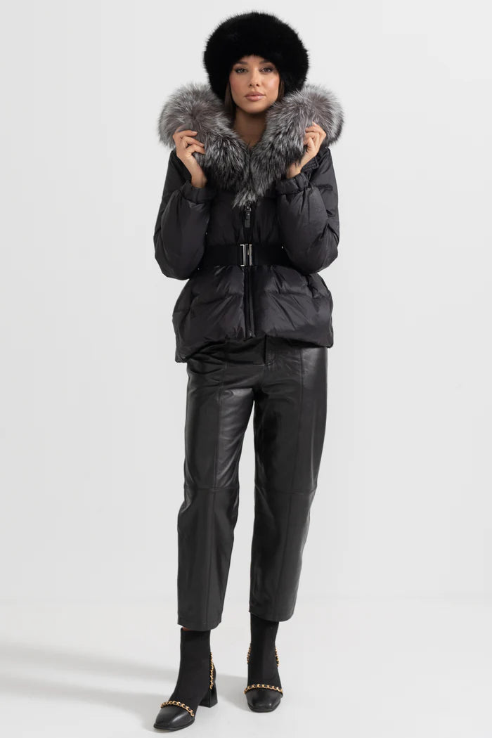 Puffer Jacket With Waistbelt And Gray Fox Fur-Lined Hood - Black