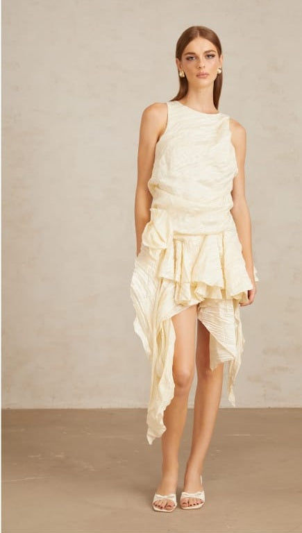 Helka Neutral Creased Asymmetrical Floral Mini Dress