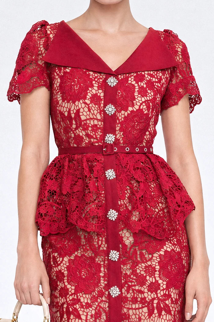 Crystal-Button Lace Peplum Midi Dress - Red