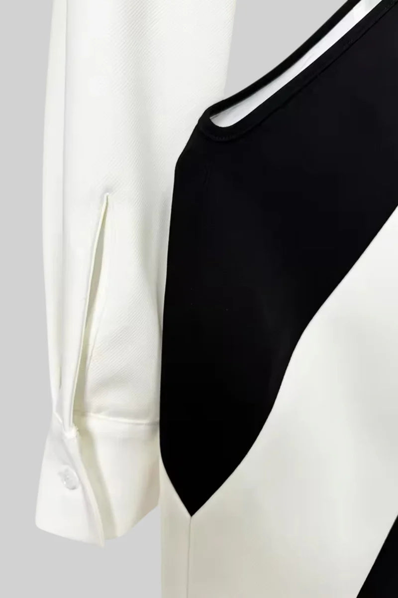 Contemporary Dress With Integrated Shirt Top and Necktie - White