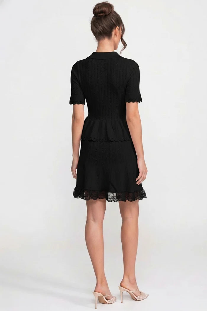 Polo-Collar Mini Dress With Button Top, Peplum Waist And Lace Hem - Black