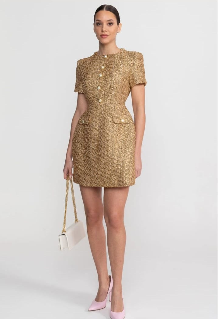 Tweed Mini Dress With Round Neckline And Pearl Button Detail - Gold