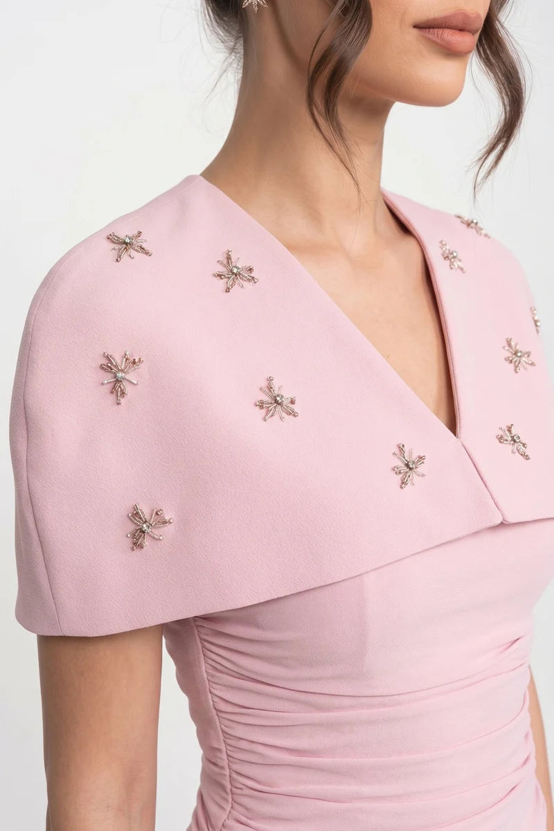 3-Piece Co-Ord Set With Ruched Top, Detachable Cape And Maxi Skirt - Pink