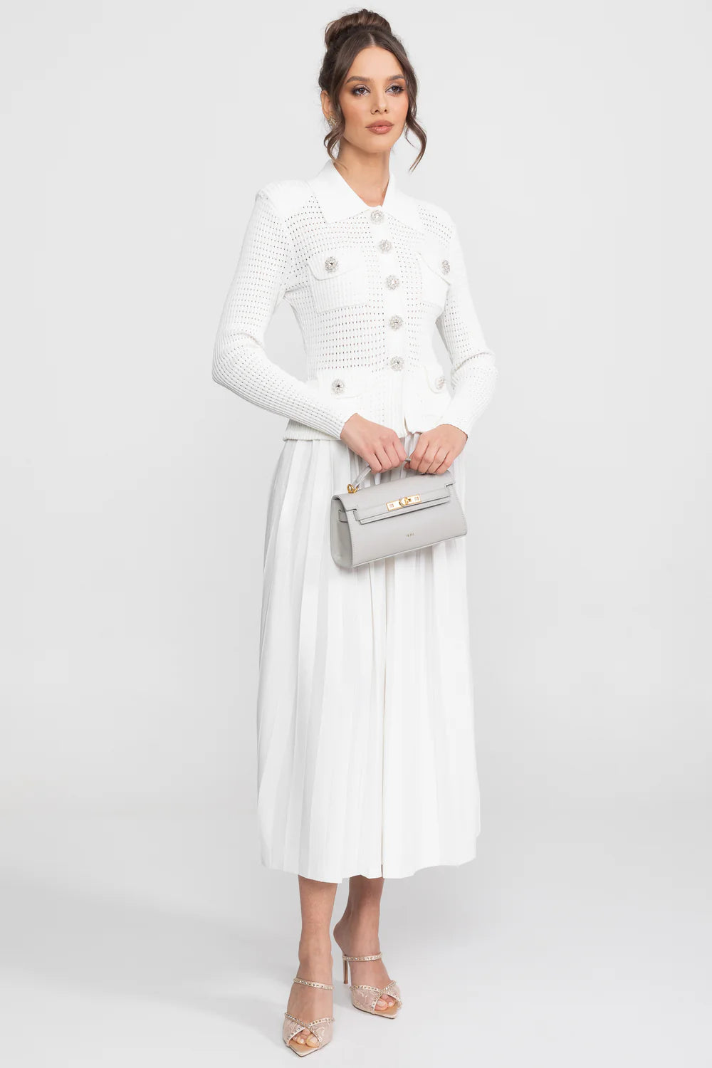 Open-Knit Dress with Pleated Midi Skirt - White