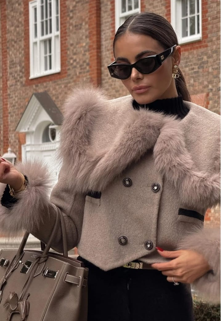 Double Breasted Cropped Jacket With Fur Collar Embellishment - Brown