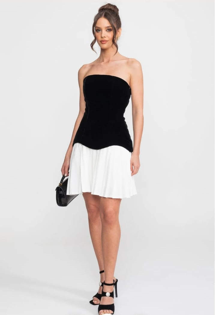 Strapless Velvet Mini Dress With Contrast Pleated Skirt - Black