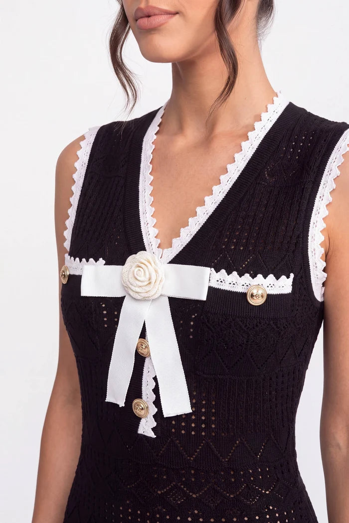Crochet Knit Midi Dress With Black Trim And Bow - Black