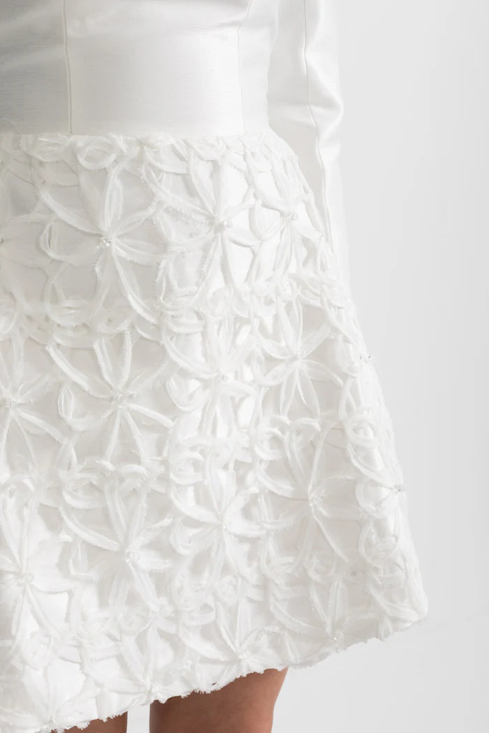 Textured Mini Dress with Detachable Sculptural Shoulder Bolero - White