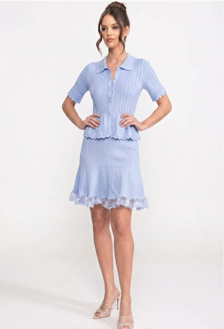 Polo-Collar Mini Dress With Button Top, Peplum Waist And Lace Hem - Blue