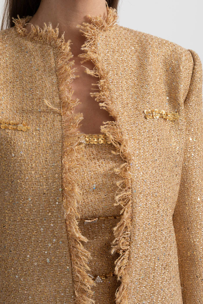 Textured Tweed Overcoat With Intricate Sequin Embellishments And Fringe Trim Accents - Gold