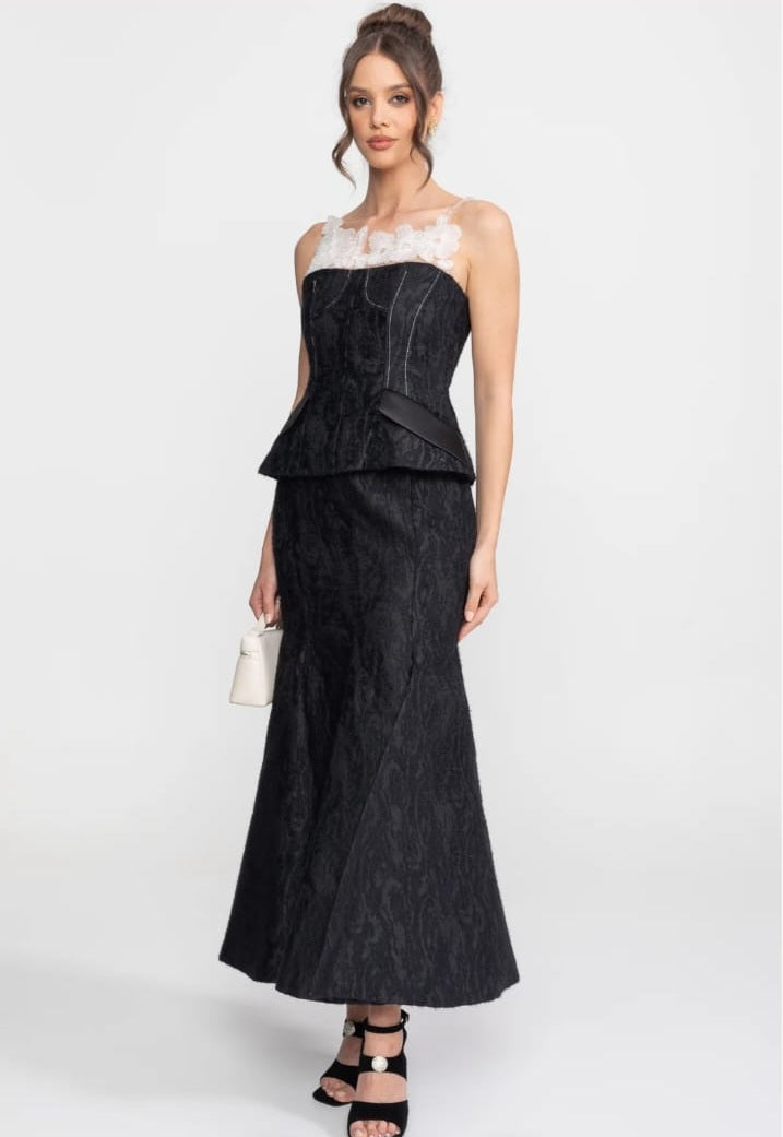 Jacquard Maxi Set With Sheer Floral Neckline And Peplum Waist - Black