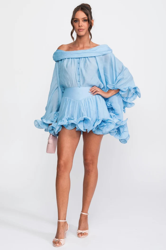 Off-Shoulder Ruffle Hem Co-Ord With Long Sleeves Shirt and Mini Skort - Light Blue