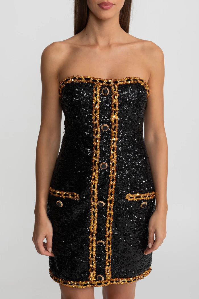 Strapless Sequin Mini Dress With Chain Trim Detailing – Black