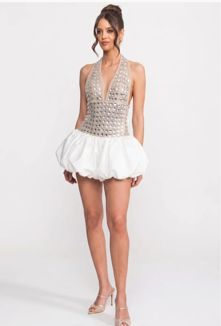 Short Crystal-Embellished Halter Dress with Ball Skirt - White