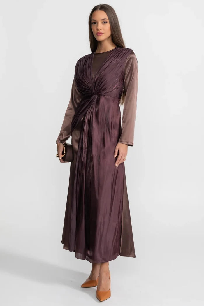 Satin Midi Dress with Draped Overlay and Knot Detail - Brown