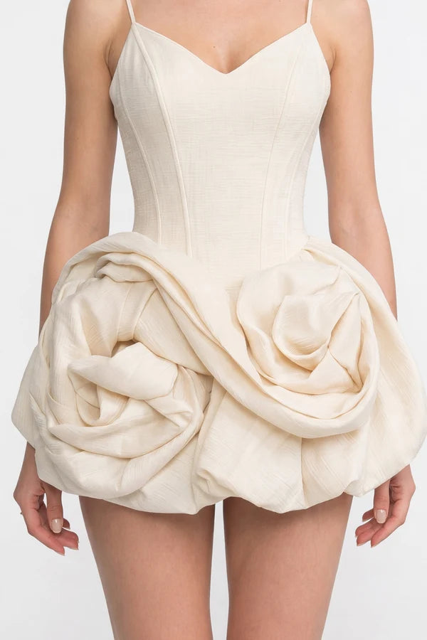 Spaghetti-Strap Velvet Mini Dress With 3D Rose Skirt - Ivoire