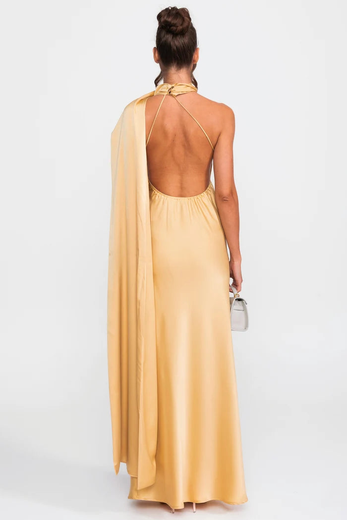 Twist Halter Satin Slip Dress With Asymmetric Neckline - Yellow
