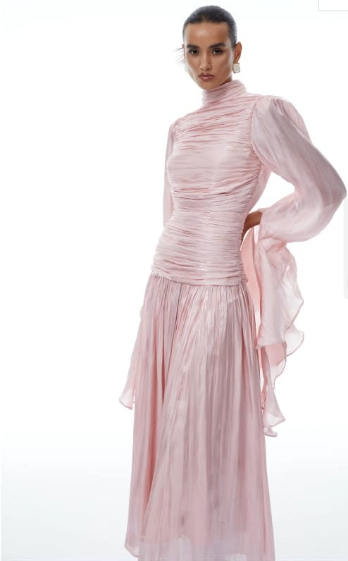 Sarolta Pink Glossy Ruched Maxi Dress-pink