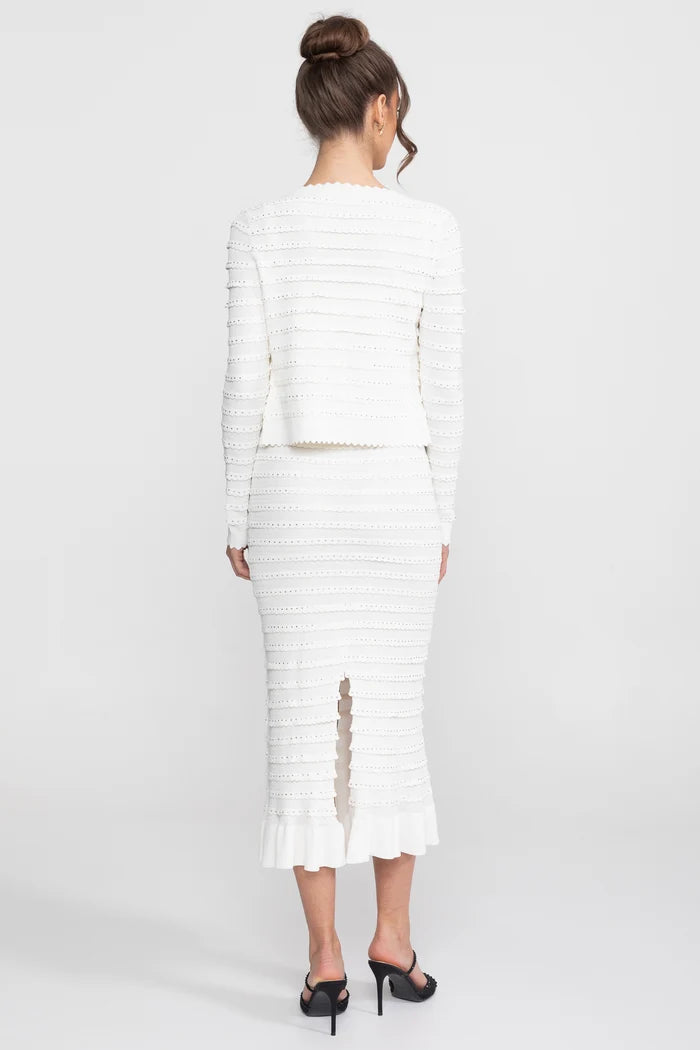 Textured Knit 3 Piece Set With Blazer, Top and Midi Skirt - White