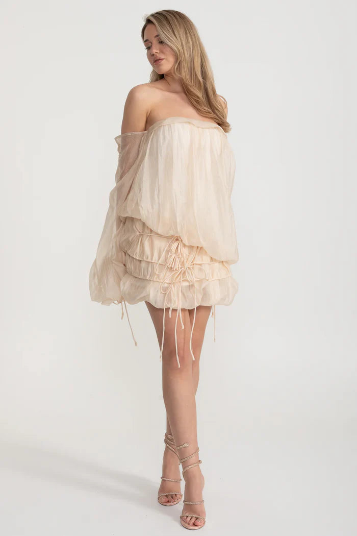 Sleeveless Draped Mini Dress With Ruffled Skirt - Ivoire
