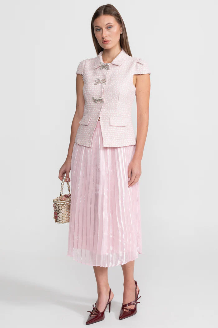 Tweed and Organza Co-ord Set with Crystal Bow Buttons - Pink