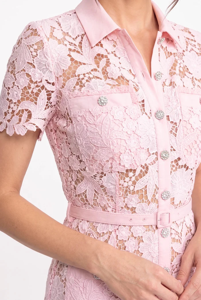 Lace Short Sleeve Midi Dress With Collared Neckline And Belted Waist - Pink