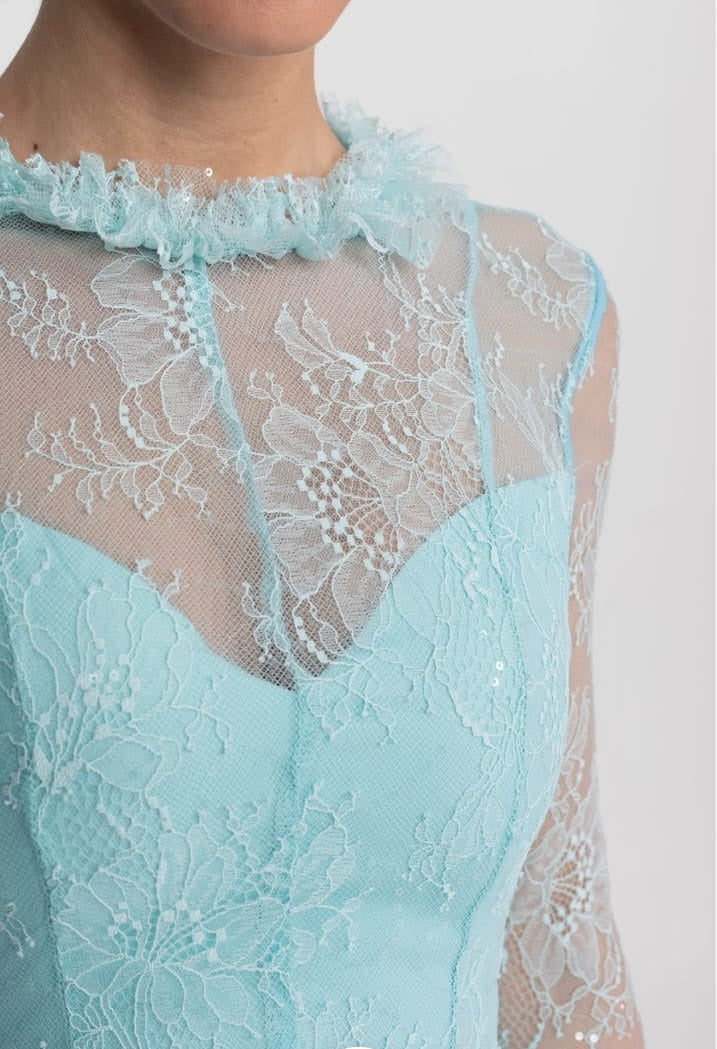 Sheer Lace Long Sleeve Mini Dress With Ruffled Hem - Teal