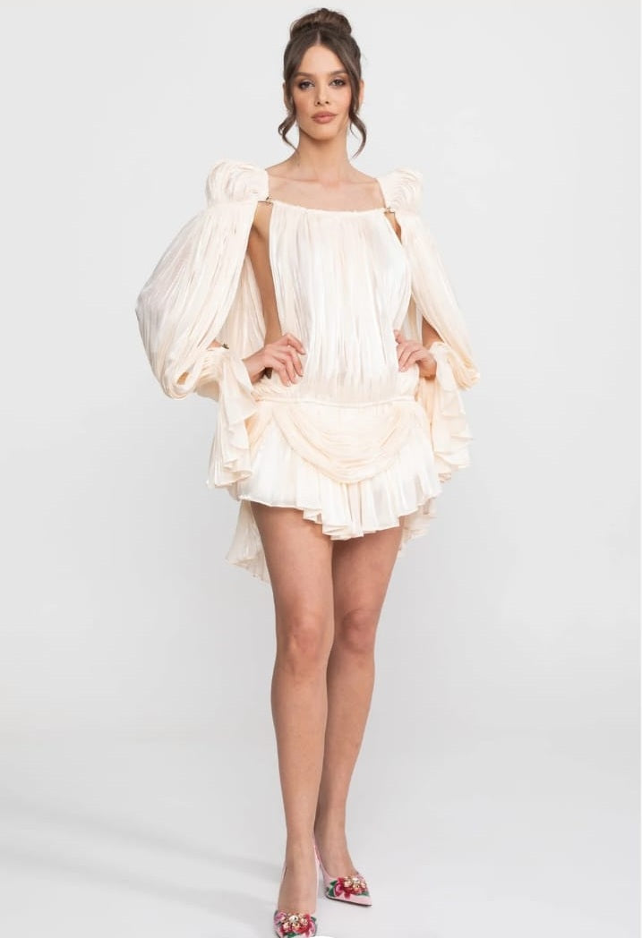 Short Sheer Draped Dress with Cape Sleeves and Gold Clip Detail - Ivory