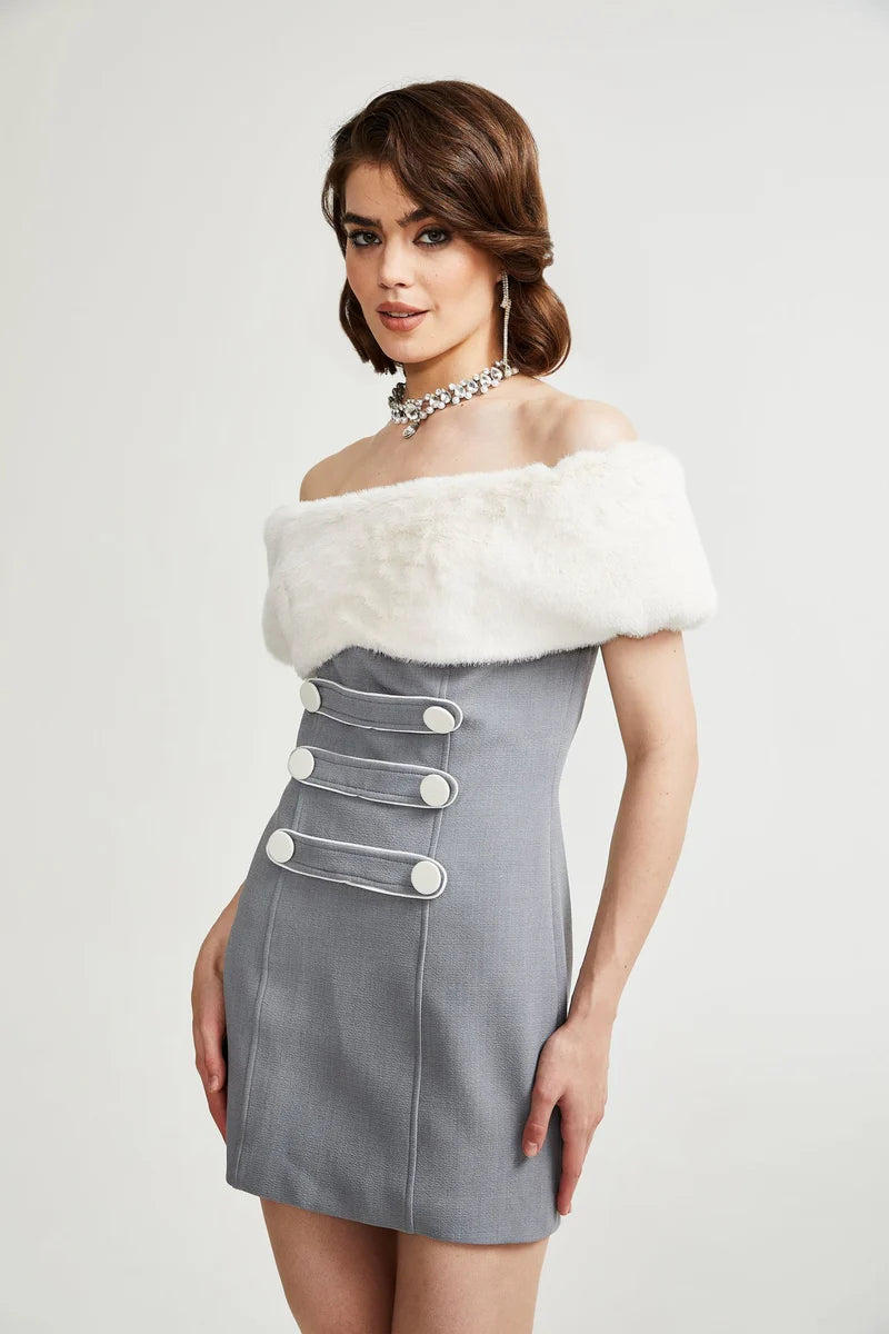 Lina Gray Faux-Fur Mini Robe