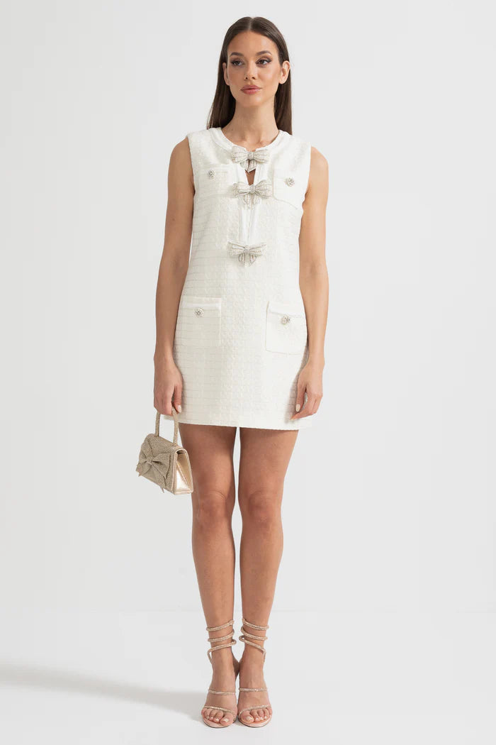 Textured Sleeveless Dress With Metal Embellished Bows - White