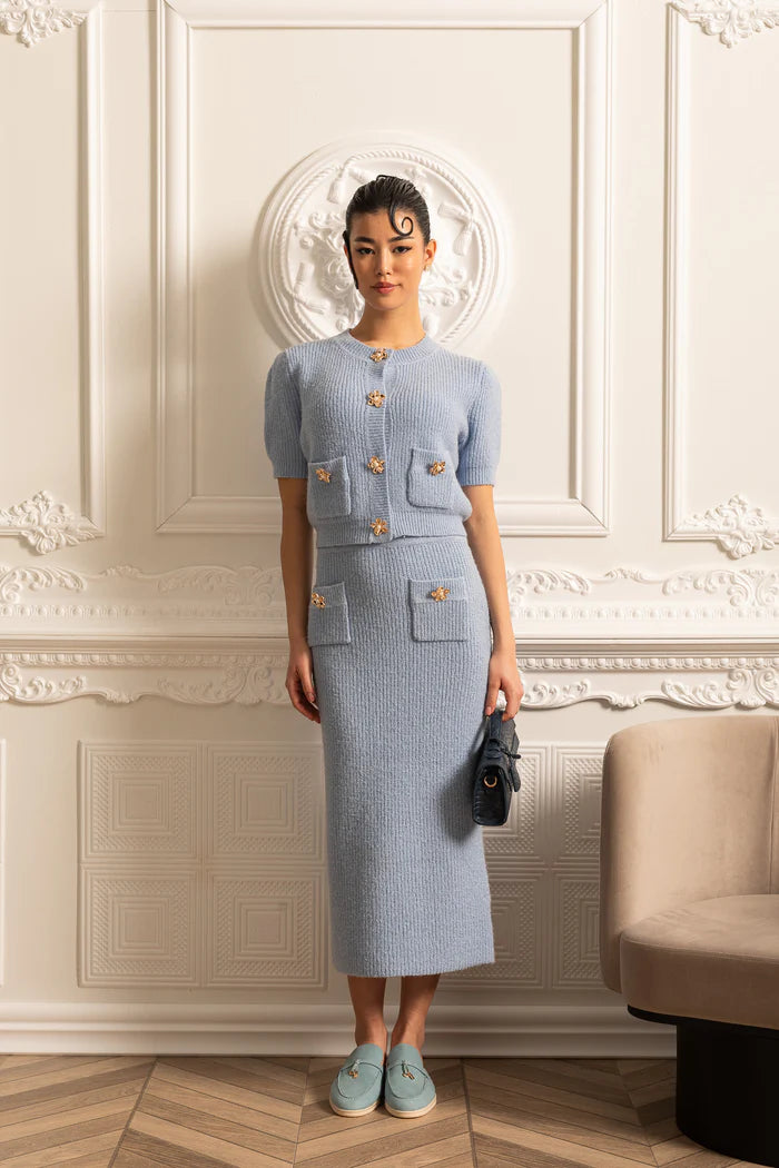 Elegant Knit Set With Front Pockets And Gold Buttons - Blue