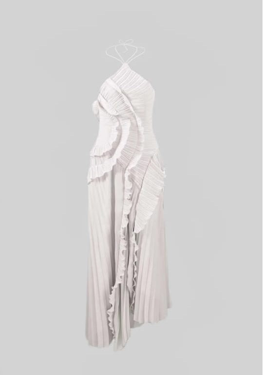 Falten Halfter Midi Kleid mit kaskadierenden Rüschendetails - Weiß