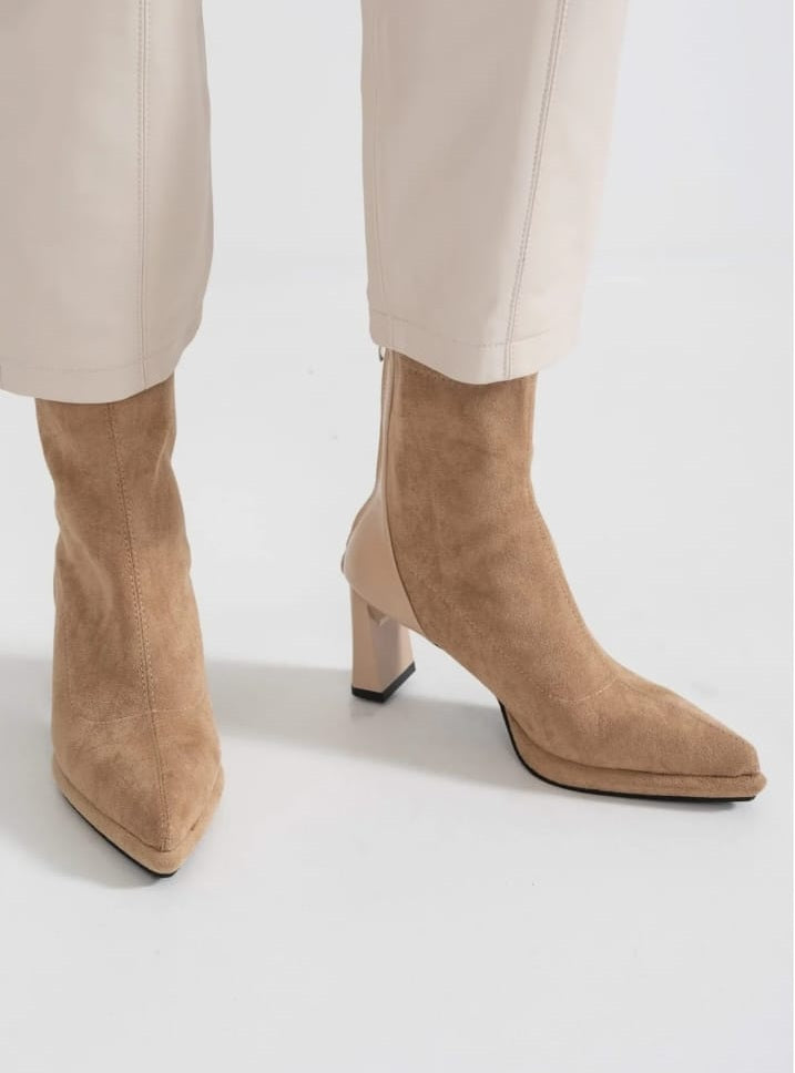 Glossy Heel Suede Ankle Boot - Beige