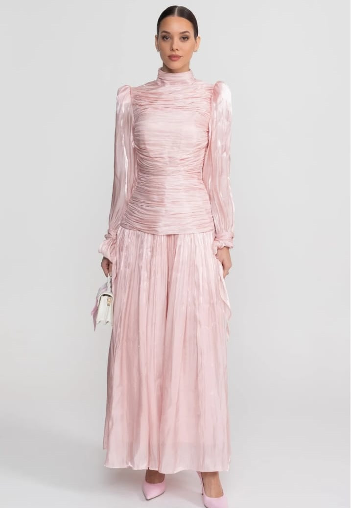Long Ruched Long Sleeve Dress with Pleated Skirt - Blush Pink