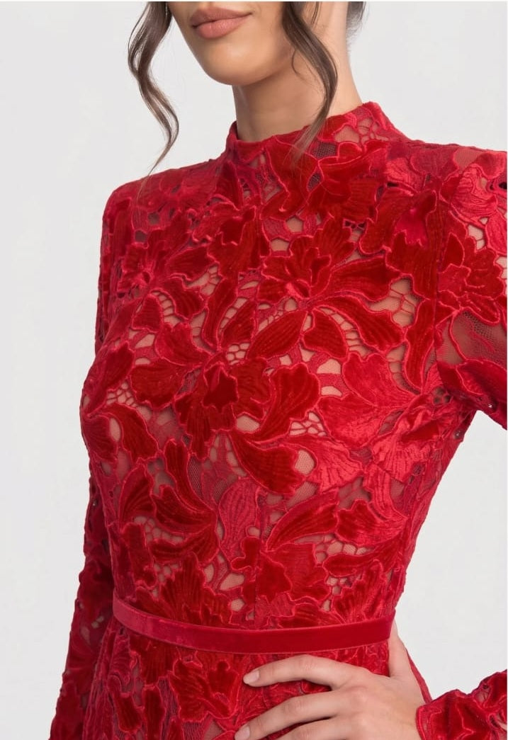 Long-Sleeve Lace Mini Dress With High Neck And Scalloped Hem - Red
