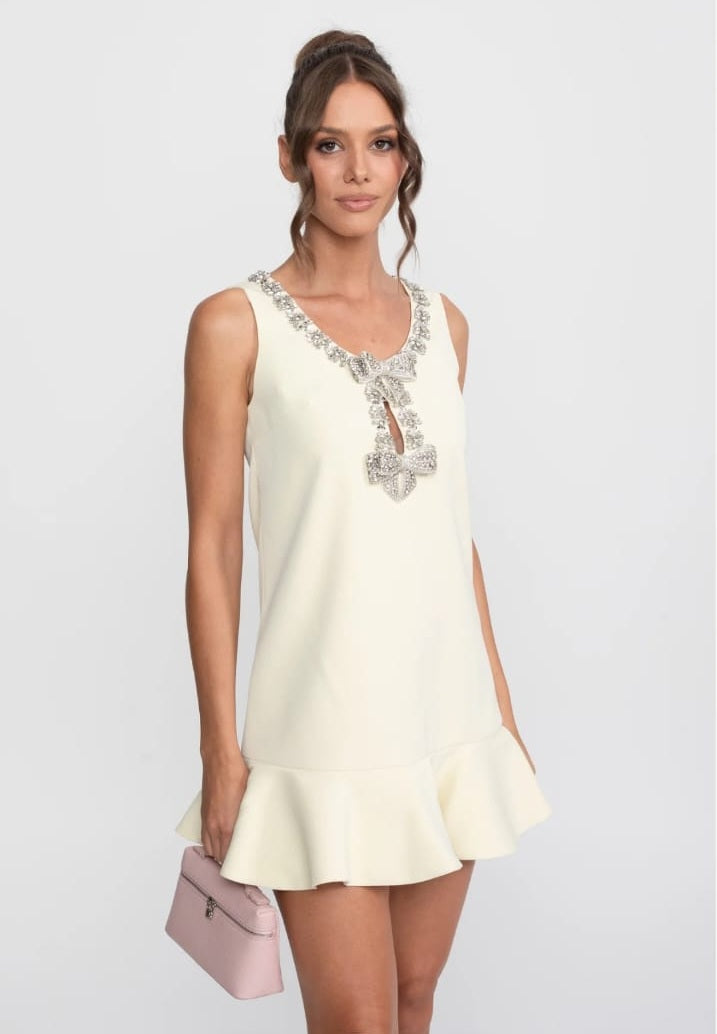 Crystal Bow Cutout Shift Dress With Scoop Neck - Yellow