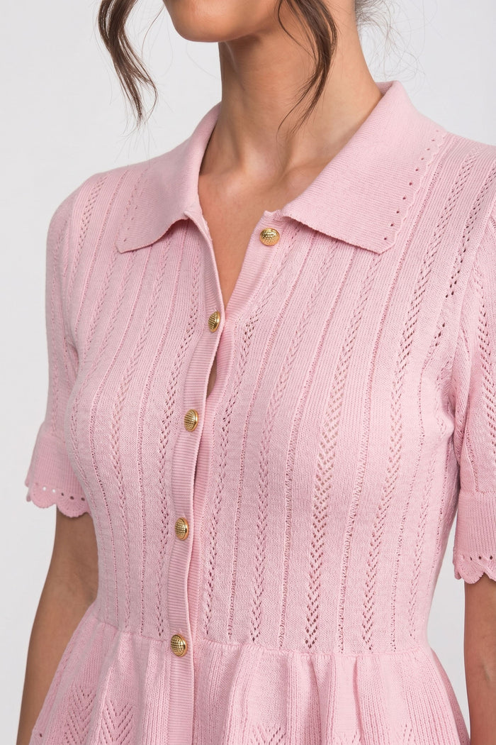 Polo-Collar with Button Top and Mini Skirt Set - Pink