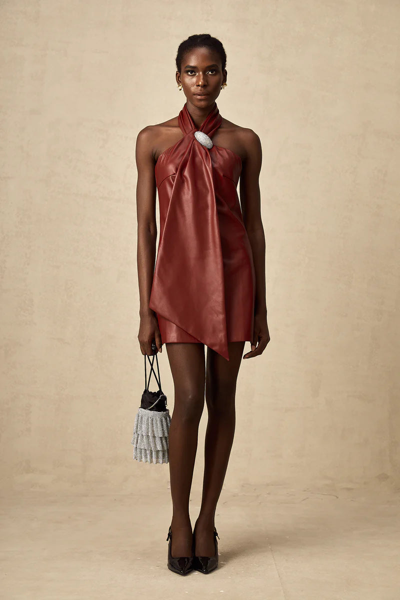 Maxanne Red Halterneck Mini-robe en peau de mouton
