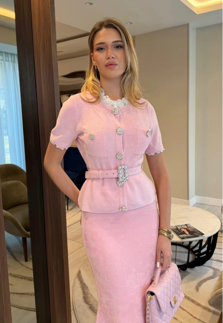 Short Sleeve Co-Ord With Peplum Waist And Crystal Button Belt - Blush Pink