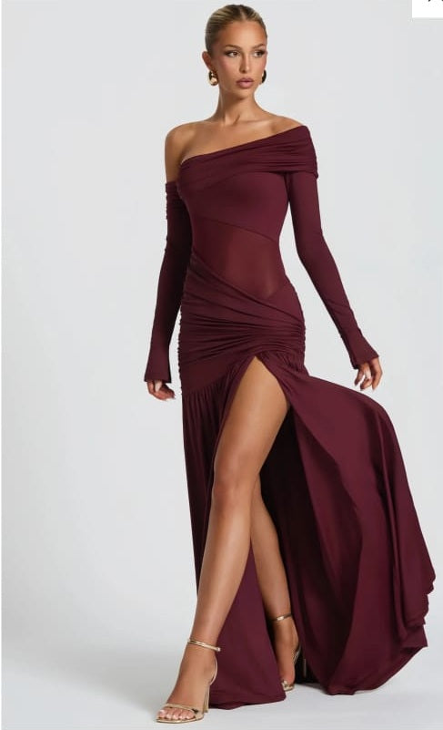 Anastasia Burgundy One Shoulder Gathered Maxi Dress
