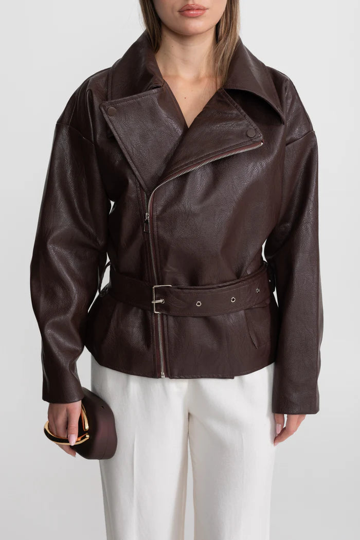 Belted Biker Jacket With Wide Lapels – Chocolate Brown