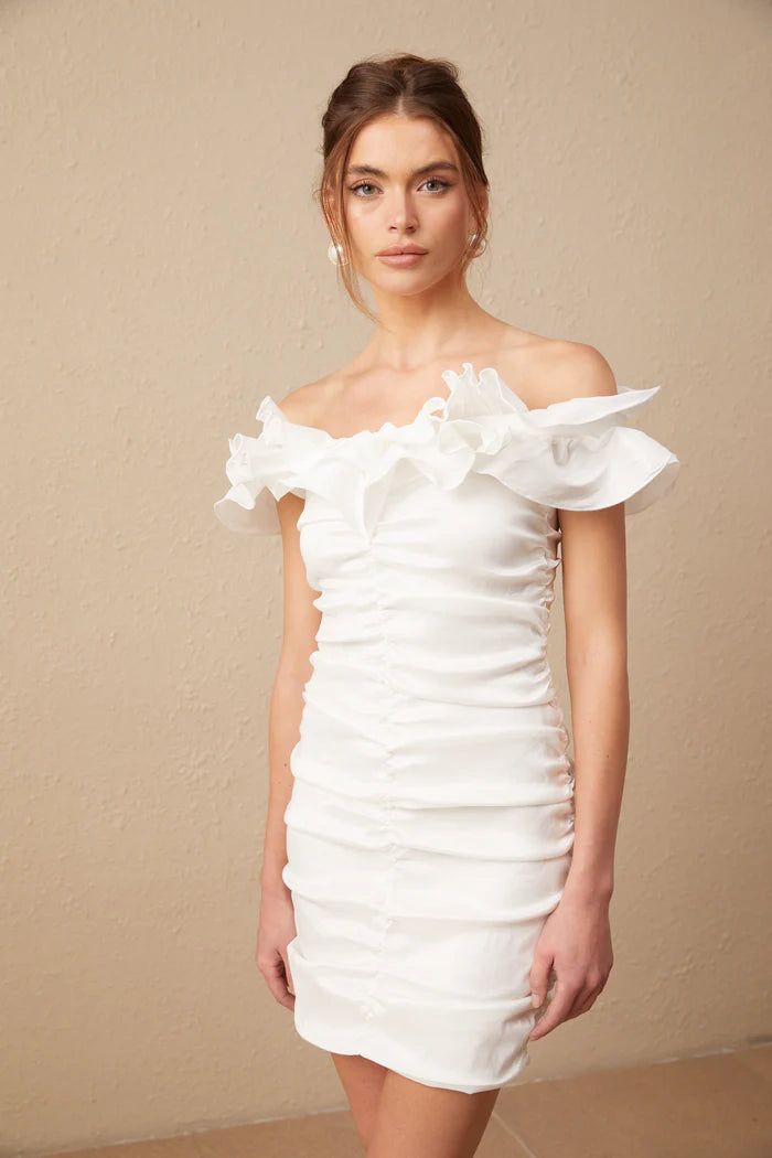Aïssatou white off-shoulder ruffled mini dress