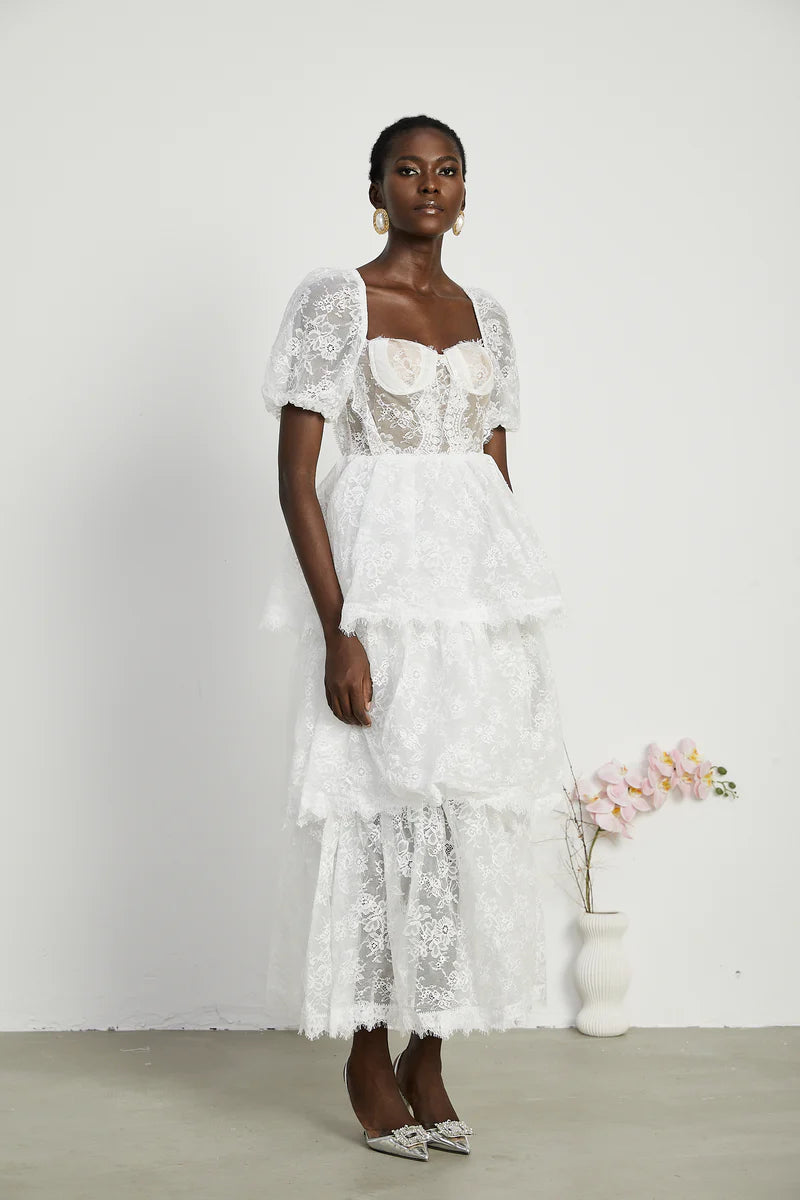 Mélisande white lace tiered maxi dress